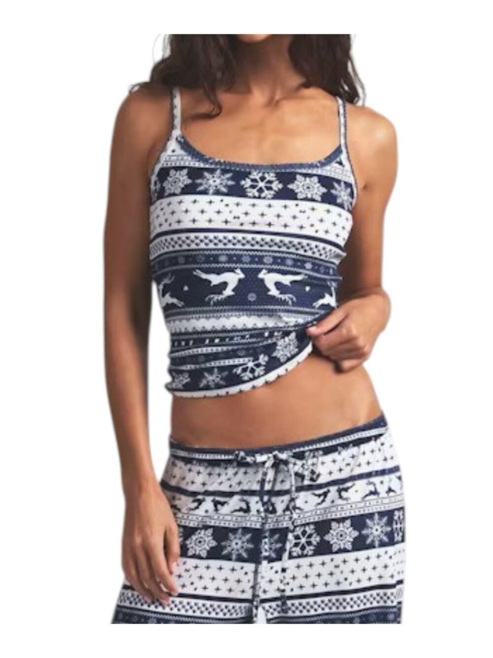 Skims Women's Sz XL Logo Plush Pointelle Deer Fair Isle Navy White Cami Top NEW